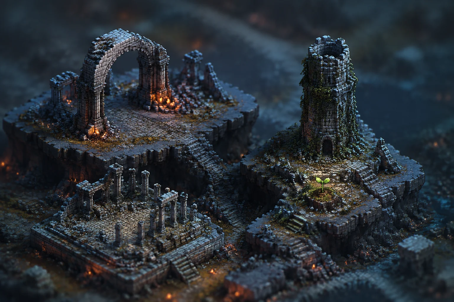 Imagined ruins of three miniature civilizations: a broken arch, a collapsed forum, and an abandoned tower with a green shoot growing below it.