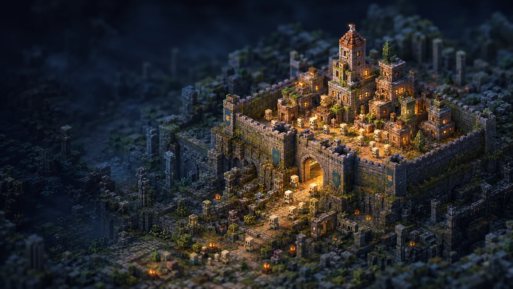 An imagined miniature civilization: little machine inhabitants gather in a warmly lit stone refuge, surrounded by the ruins of earlier cities.